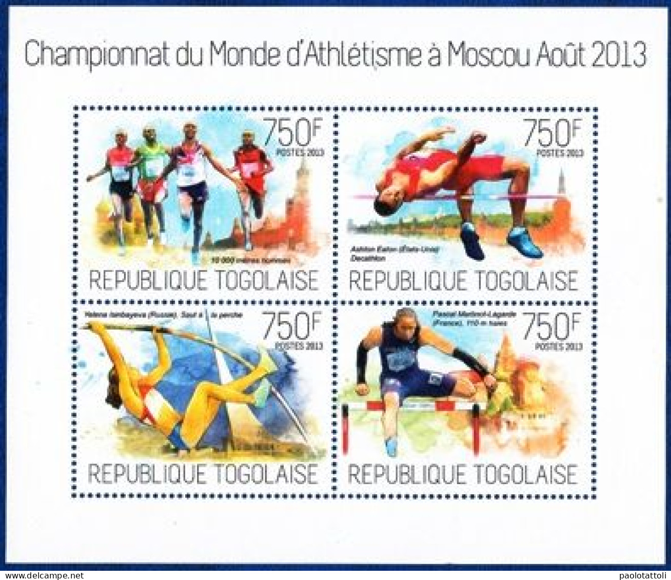 Togo, 2013- Championnat Du Monde D'athlètisme Moscou, 750F, Block NewNH - Atletismo