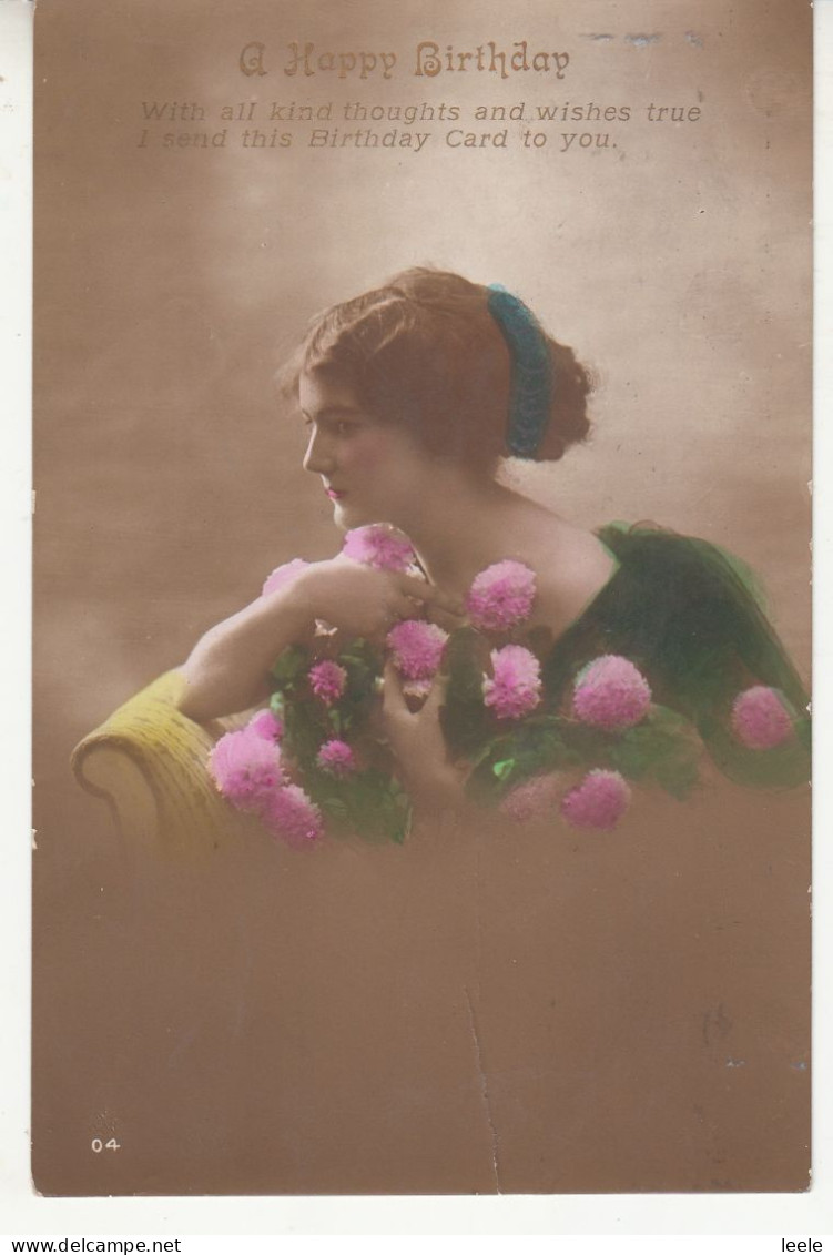 G55. Antique Tinted Greetings Postcard.  Lady With Pink Flowers. - Vrouwen