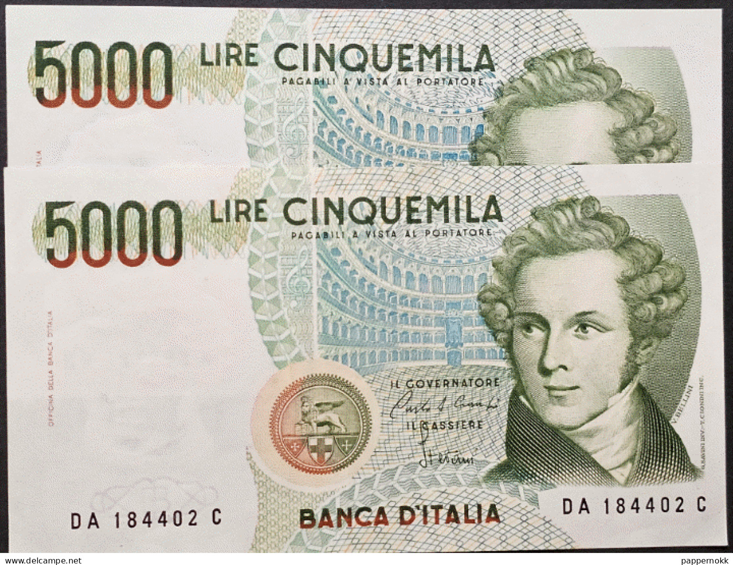 500 Lire 1979 (N° 2)  2000 Lire Galileo - Ciampi  (N° 1)  5000 Lire Bellini  (N°2)  Totale 5 Banconote - 2000 Lire