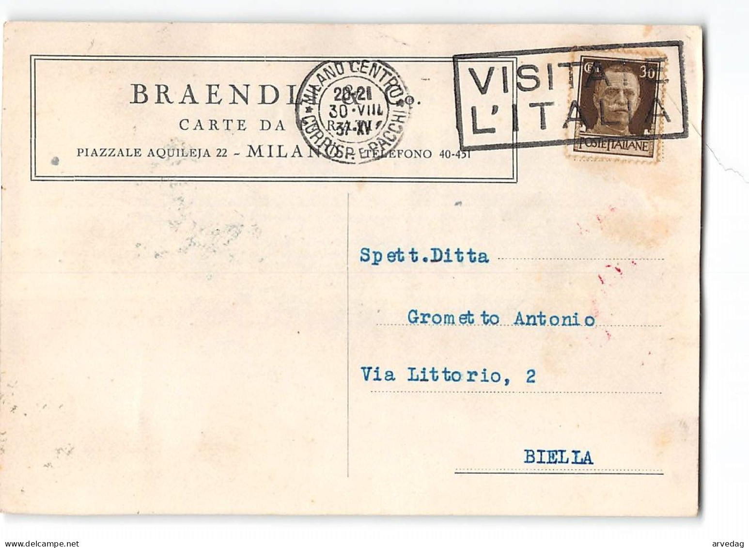 AG2616 BRAENLI CARTE DA PARATI MILANO X BIELLA - Storia Postale