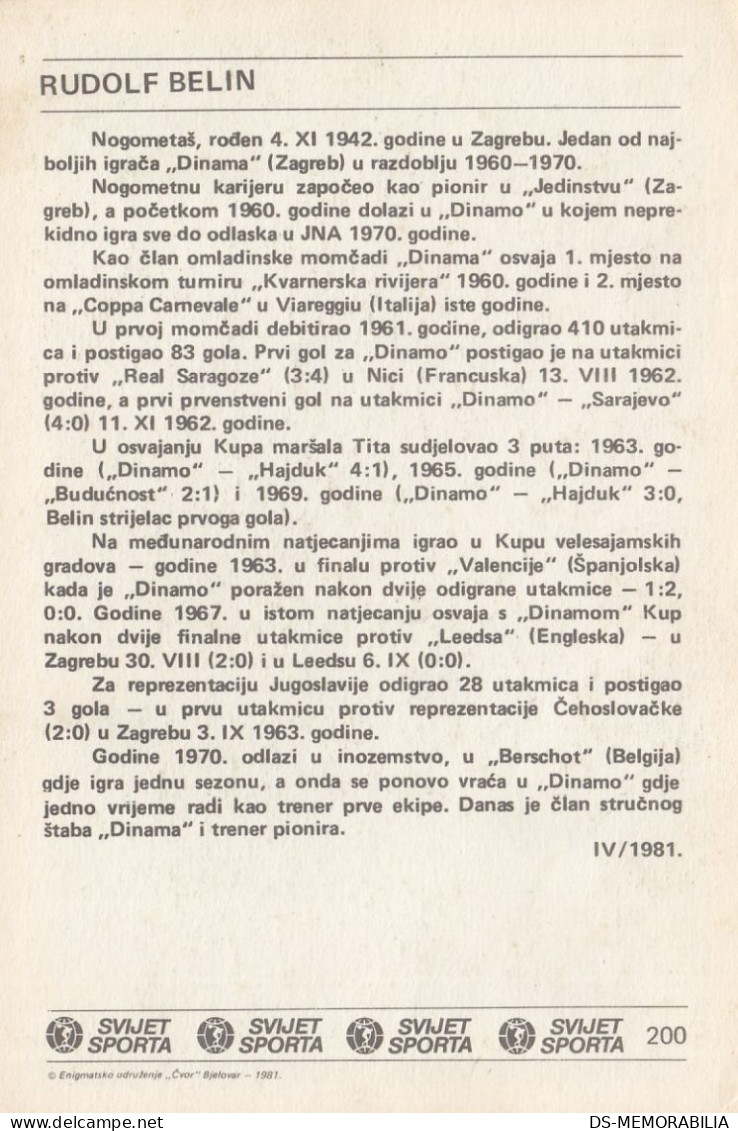 Football Player Rudolf Belin Dinamo Zagreb Trading Card Svijet Sporta - Athletics
