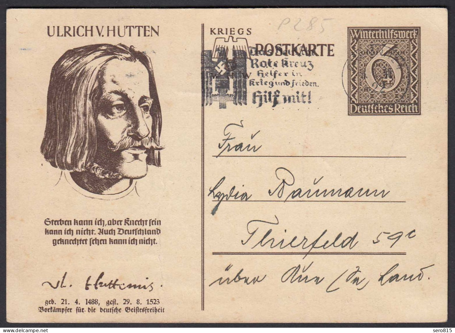 3.Reich Ganzsache 1939 Sonderpostkarte P285/03 Ulrich Von Hutten Gest.   (24447 - Cartes Postales