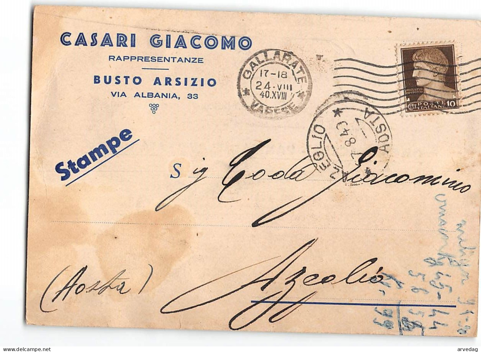 AG2609 CASARI GIACOMO RAPPRESENTANZE BUSTO ARSIZIO X AZEGLIO - Marcofilía