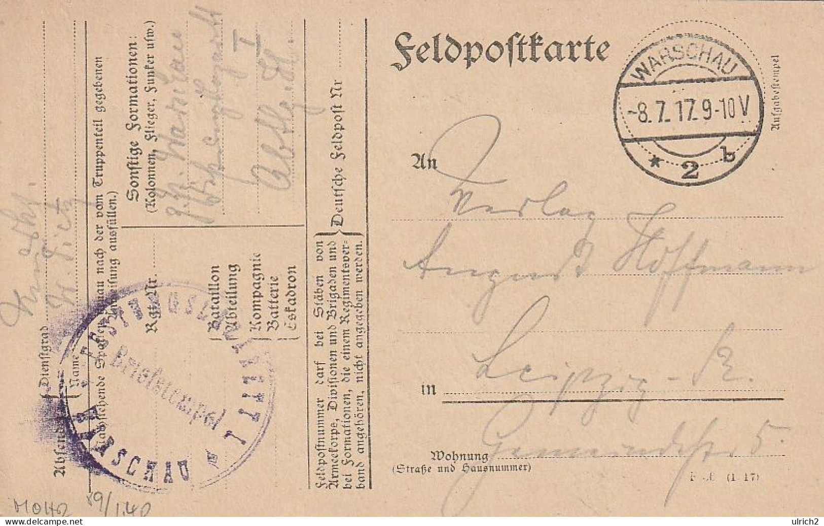 Feldpostkarte - Festungslazarett I Warschau - 1917 (69311) - Briefe U. Dokumente