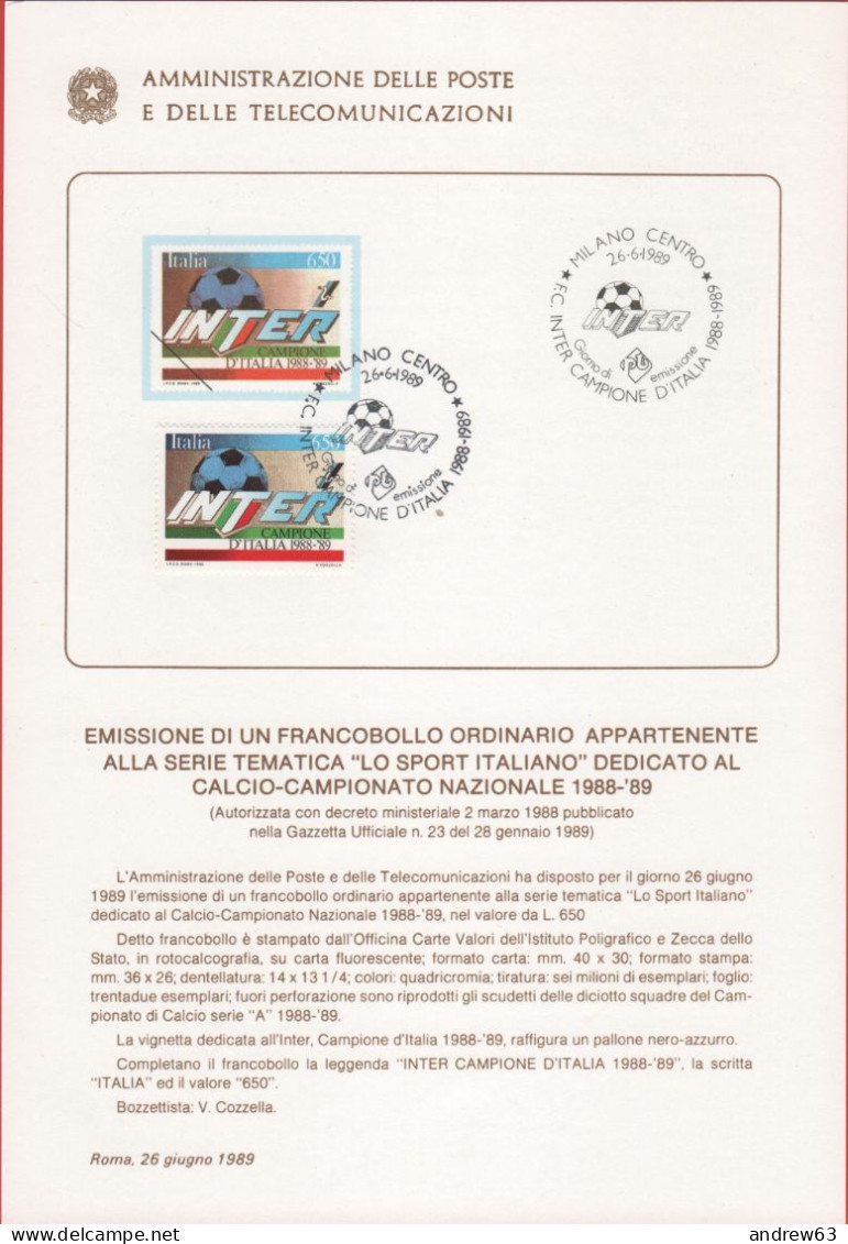 ITALIA - ITALIE - ITALY - 1989 - Inter Campione D'Italia 1988-1989 - FDC - Bollettino 13/89 Amministrazione Delle Poste - FDC