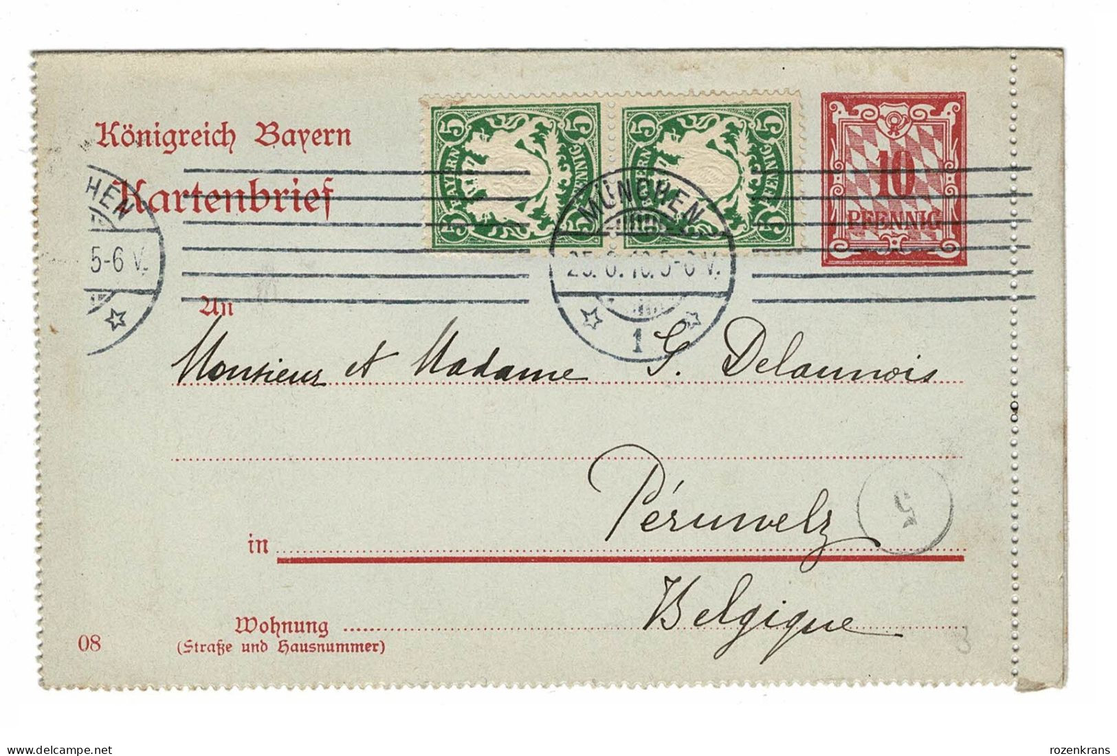 EP E.P. Entier Postale Ganzsache Deutschland Konigreich Bayern Munchen 1910 Kartenbrief Peruwelz 10 Pfennig Allemagne - Entiers Postaux