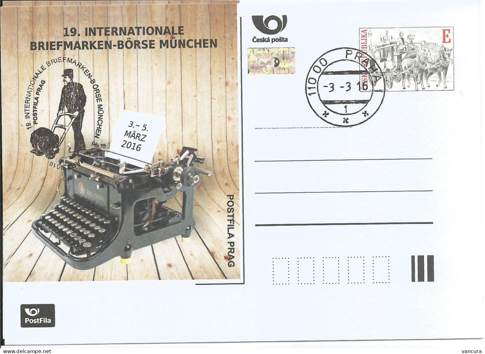 CDV A 213 Czech Republic München Stamp Fair 2016 Typewriter Machine Coach On Charles Bridge - Briefmarkenausstellungen