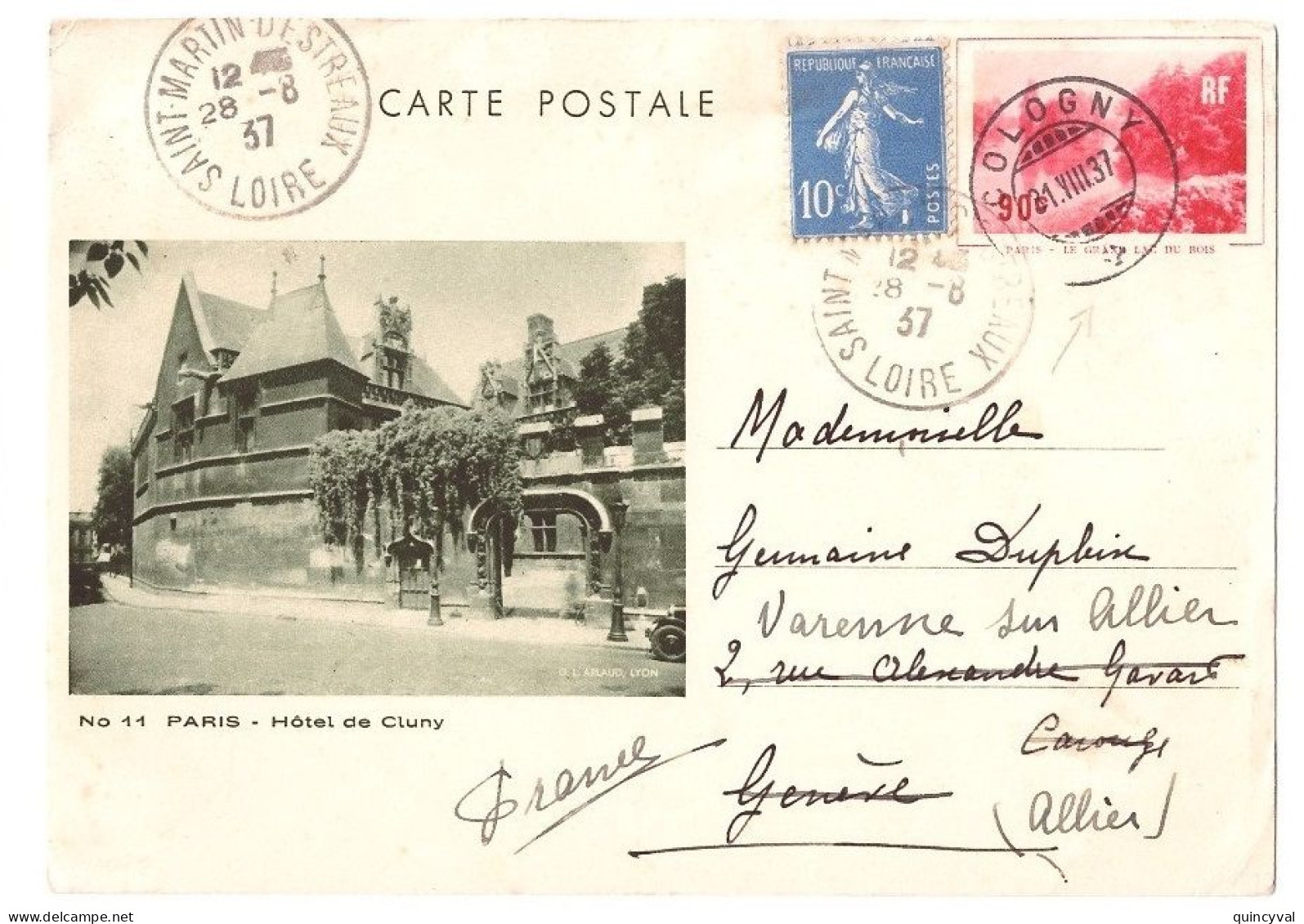 Entier CP Lac Du Bois Stor G1a N11 Paris Hôtel Cluny 10c Semeuse Yv 279 Ob St Martin D Estreaux Loire Dest Suisse Réexp - Standard Postcards & Stamped On Demand (before 1995)