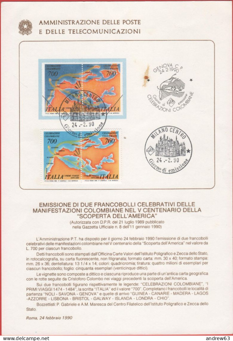 ITALIA - ITALIE - ITALY - 1990 - Celebrazioni Colombiane, Carta Geografica - FDC - Bollettino 01/90 Amministrazione Dell - FDC