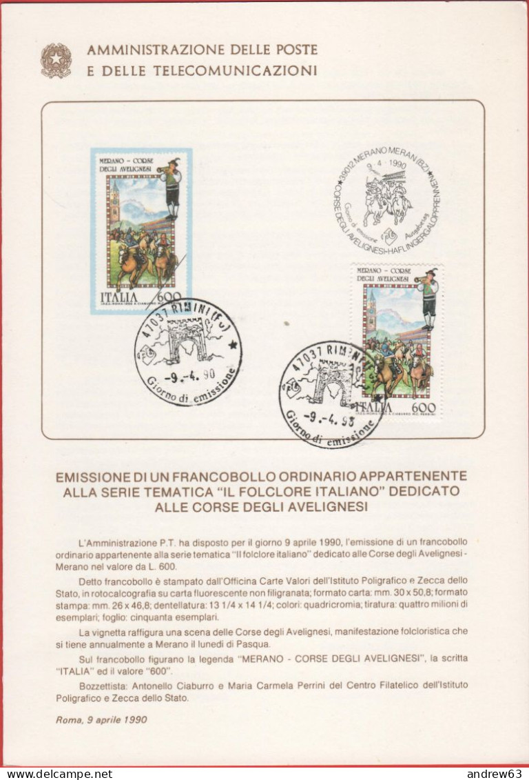 ITALIA - ITALIE - ITALY - 1990 - Folclore - Corse Degli Avelignesi, A Merano - FDC - Bollettino 04/90 Amministrazione De - FDC