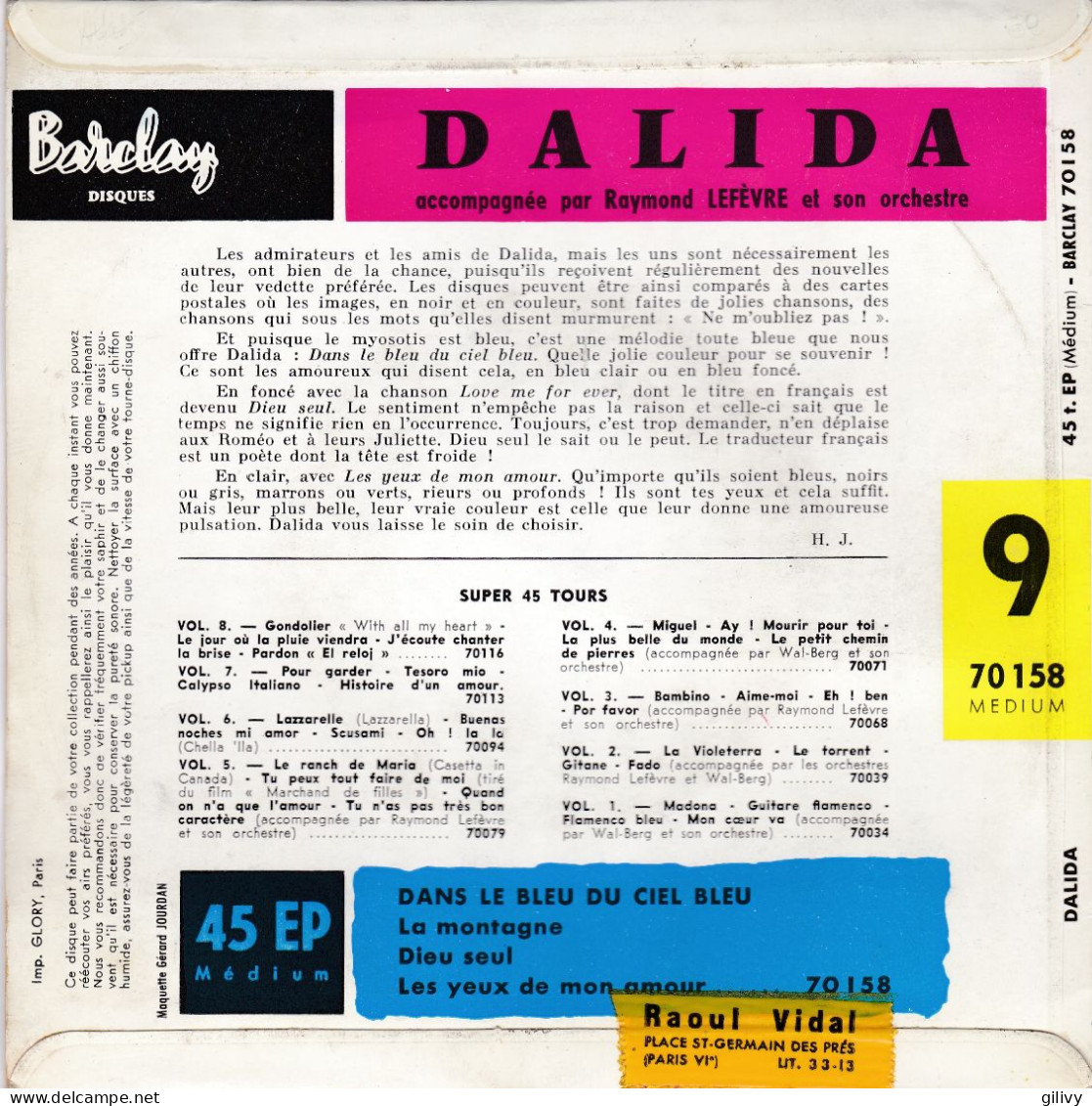 DALIDA : " Dans Le Bleu Du Ciel Bleu " - EP - Altri - Francese