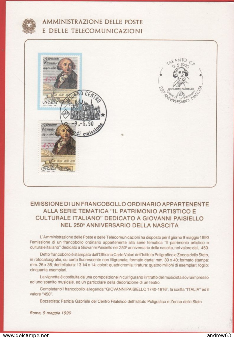 ITALIA - ITALIE - ITALY - 1990 - 250º Anniversario Della Nascita Di Giovanni Paisiello - FDC - Bollettino 09/90 Amminist - FDC