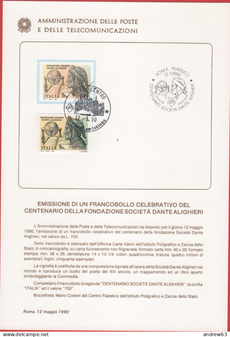 ITALIA - ITALIE - ITALY - 1990 - Centenario Della Società Nazionale Dante Alighieri - FDC - Bollettino 10/90 Amministraz - FDC