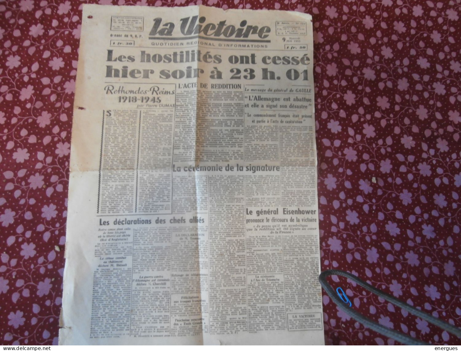 La Victoire, Journal Du MRP, 9 Mai 1945, Armistice Du 8 Mai, , Les Hostilités Ont Cessé à 23h 01, Signé à Reims ; - Sonstige & Ohne Zuordnung