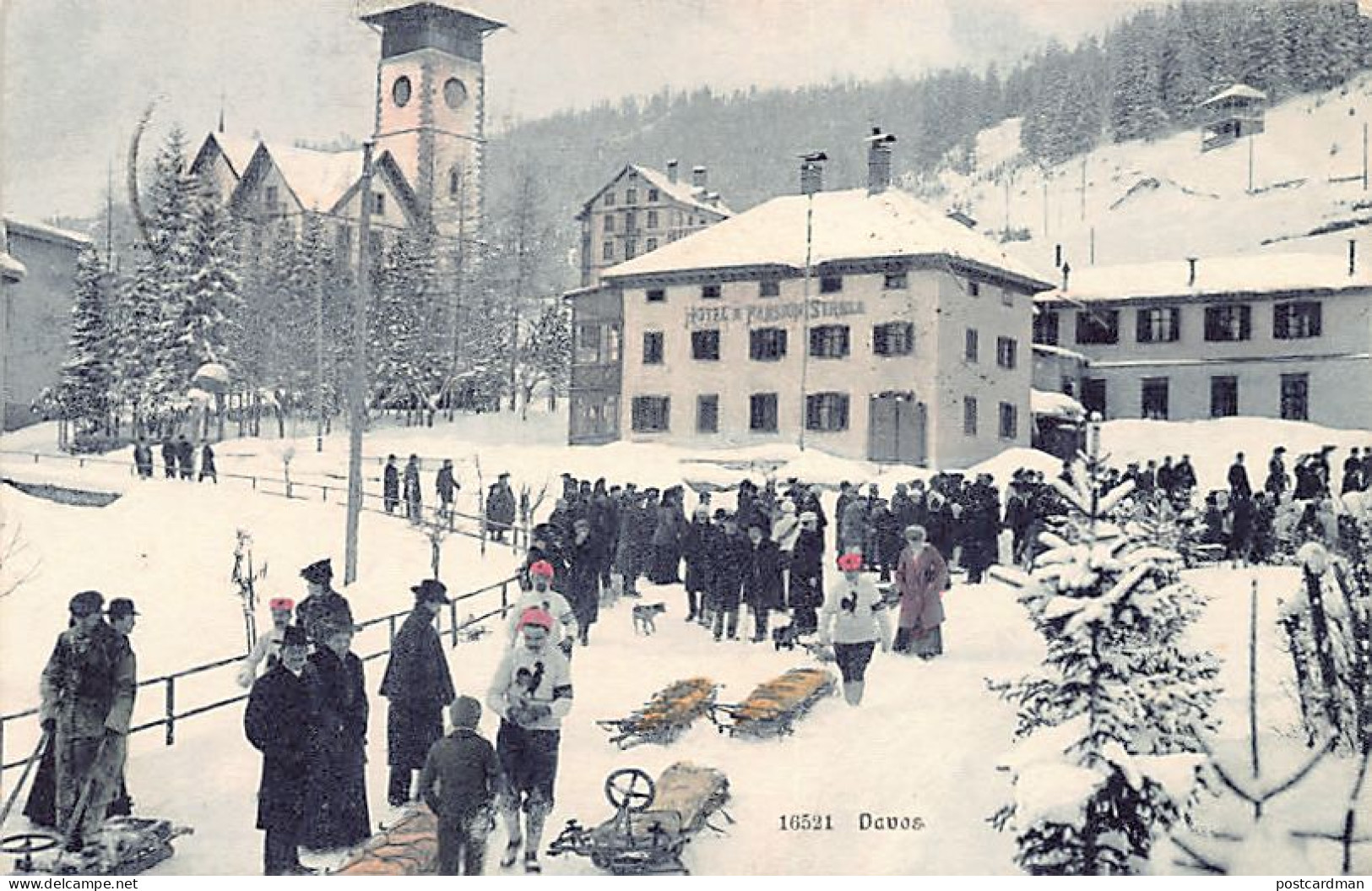 Schweiz - Davos (GR) Hotel Pensiion Strela Im Schnee - Sportler (Schlitten) Französische Nationalmannschaft? (Hahn) - Ve - Davos