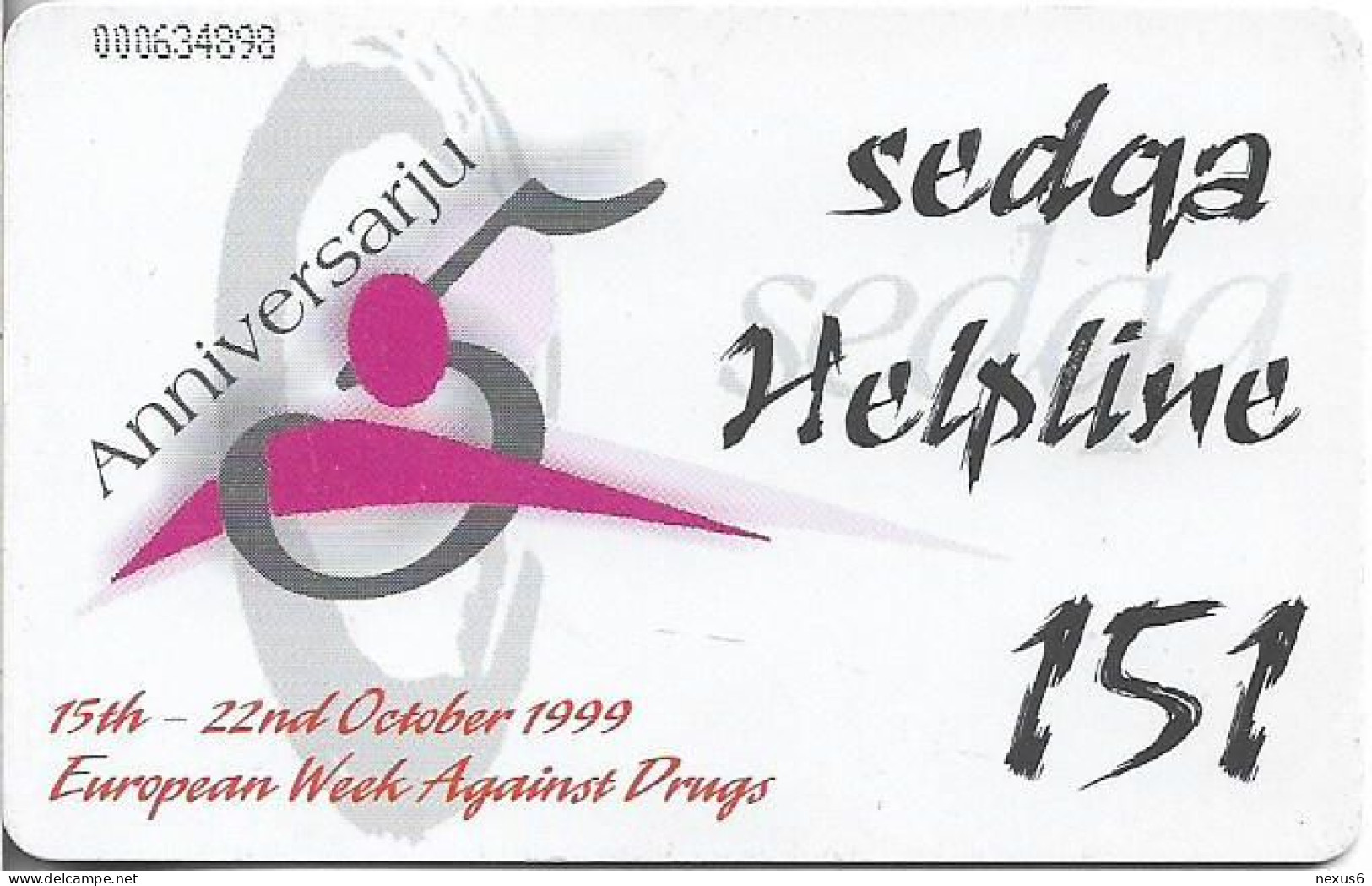 Malta - Maltacom - Sedqa Helpline, 10.1999, 40U, 10.000ex, Used - Malta