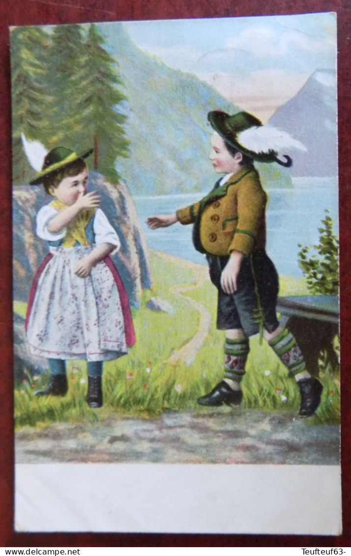 Cpa Couple Enfants Mode Bavaroise - Chapeau Avec Plume - Obl. Duffel - Szenen & Landschaften