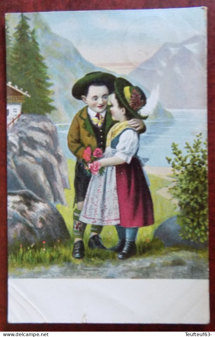 Cpa Couple Enfants Mode Bavaroise - Chapeau Avec Plume - Obl. Duffel - Scènes & Paysages