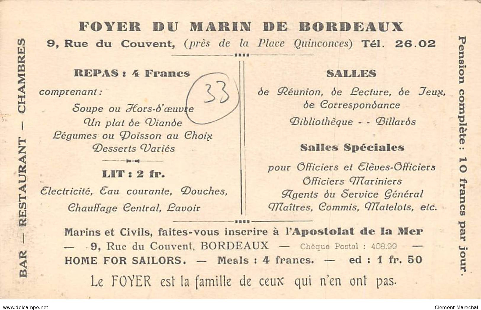 BORDEAUX - Foyer Du Marin - Rue Du Couvent - Le Foyer Et Son Dévoué Personnel - Très Bon état - Bordeaux