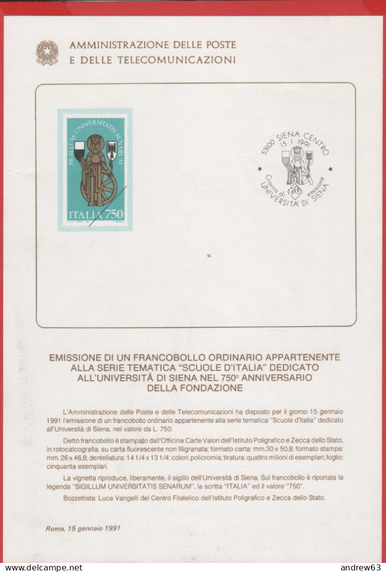 ITALIA - ITALIE - ITALY - 1991 - Scuole D'Italia - Università Di Siena - Senza Francobollo - Bollettino 3/91 Amministraz - FDC