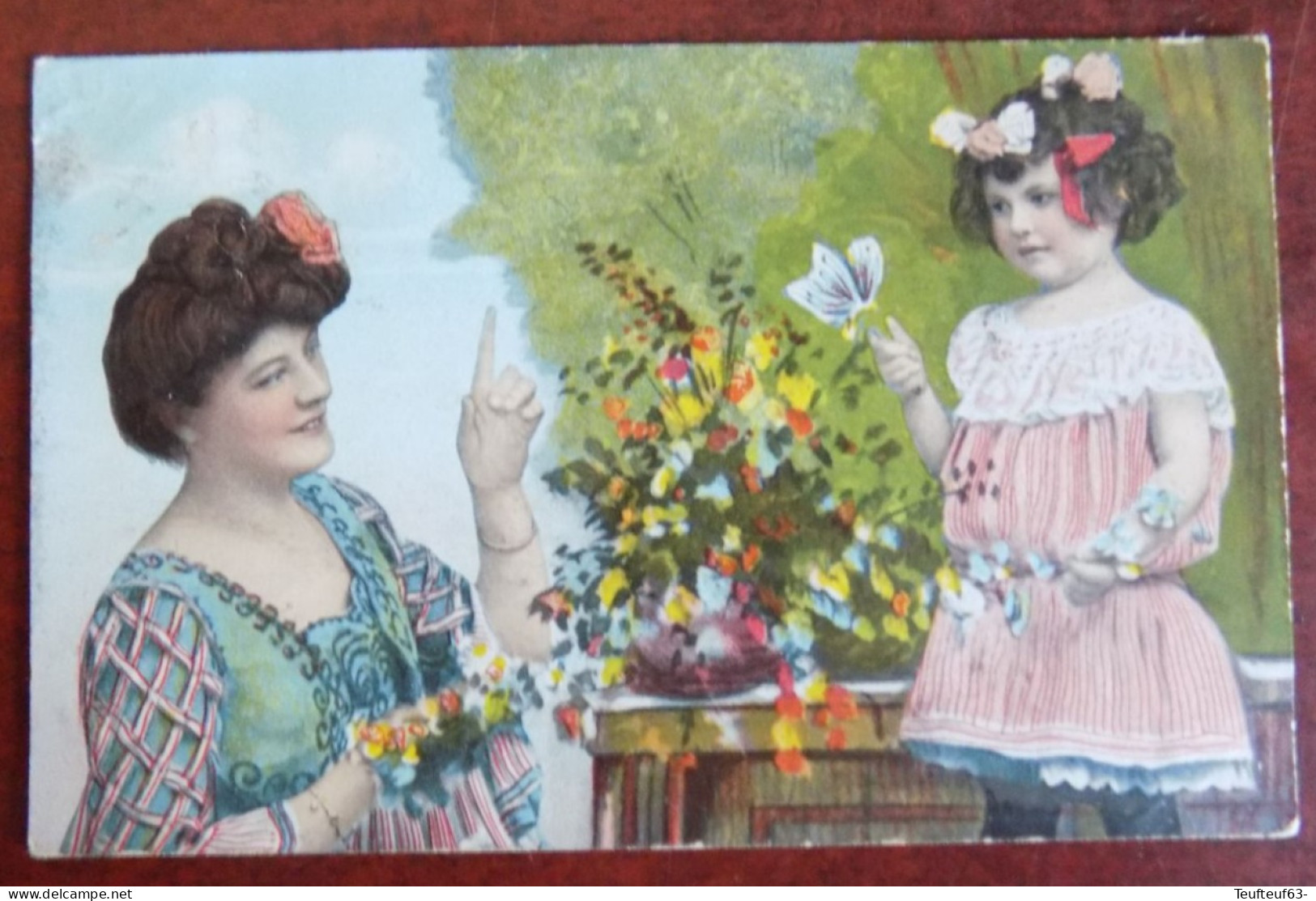 Cpa Fille Avec Sa Maman - Fleurs - Papillon 1909 - Szenen & Landschaften