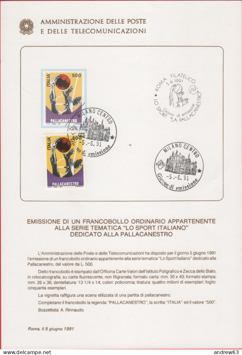 ITALIA - ITALIE - ITALY - 1991 - Pallacanestro - FDC - Bollettino 13/91 Amministrazione Delle Poste - FDC