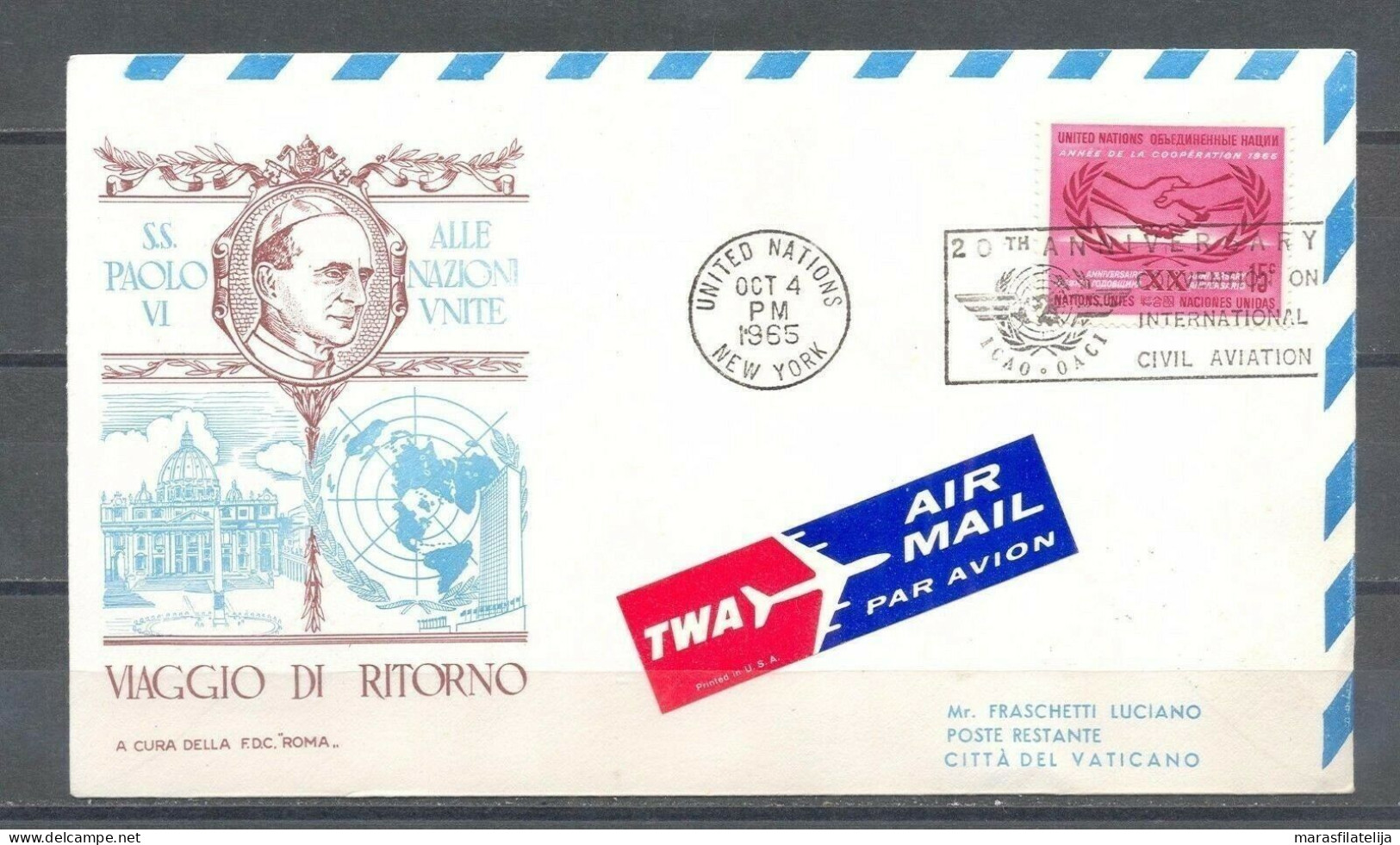 Vatican United Nations 1965, Pope Voyage, New York, Special Airmail Cover - Autres & Non Classés