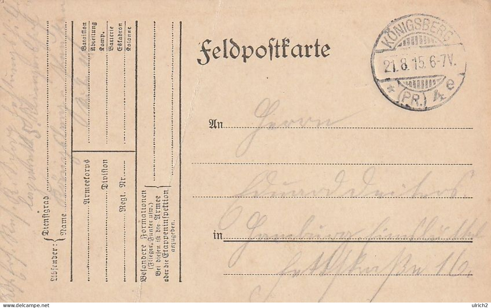 Feldpostkarte Festungs Hilfs Lazarett 5 - Königsberg 1915  (69328) - Cartas & Documentos