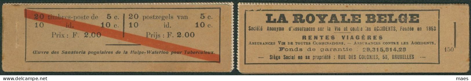 Carnet De Timbres-poste (1912) - N°A8 MNH** + Publicité "La Royale Belge" & Ligne Rouge En Diagonale, N°150 - 1907-1941 Old [A]