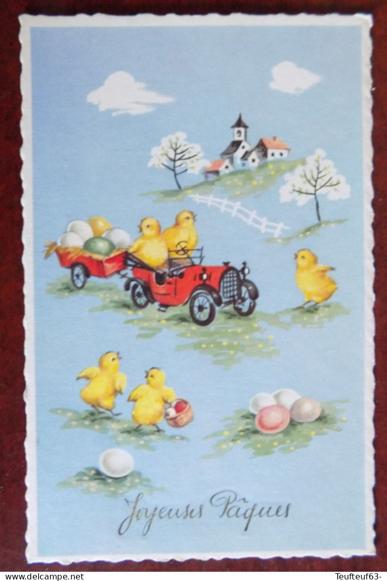 Cpsm Joyeuses Pâques - Poussins Humanisés - Voiture - Oeufs - Ostern