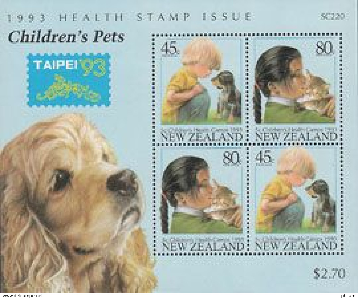 NOUVELLE ZELANDE 1993 - Pour La Santé - Chiens Et Chats Surchargé Taipei 93 - BF - Dogs