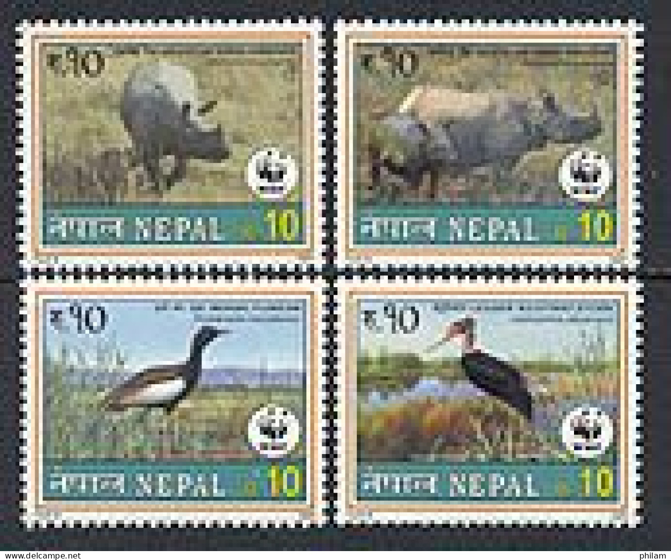NEPAL 2000 - W.W.F. - Faune - Oiseaux Et Rhinocéros - 4 V. - Cicogne & Ciconiformi