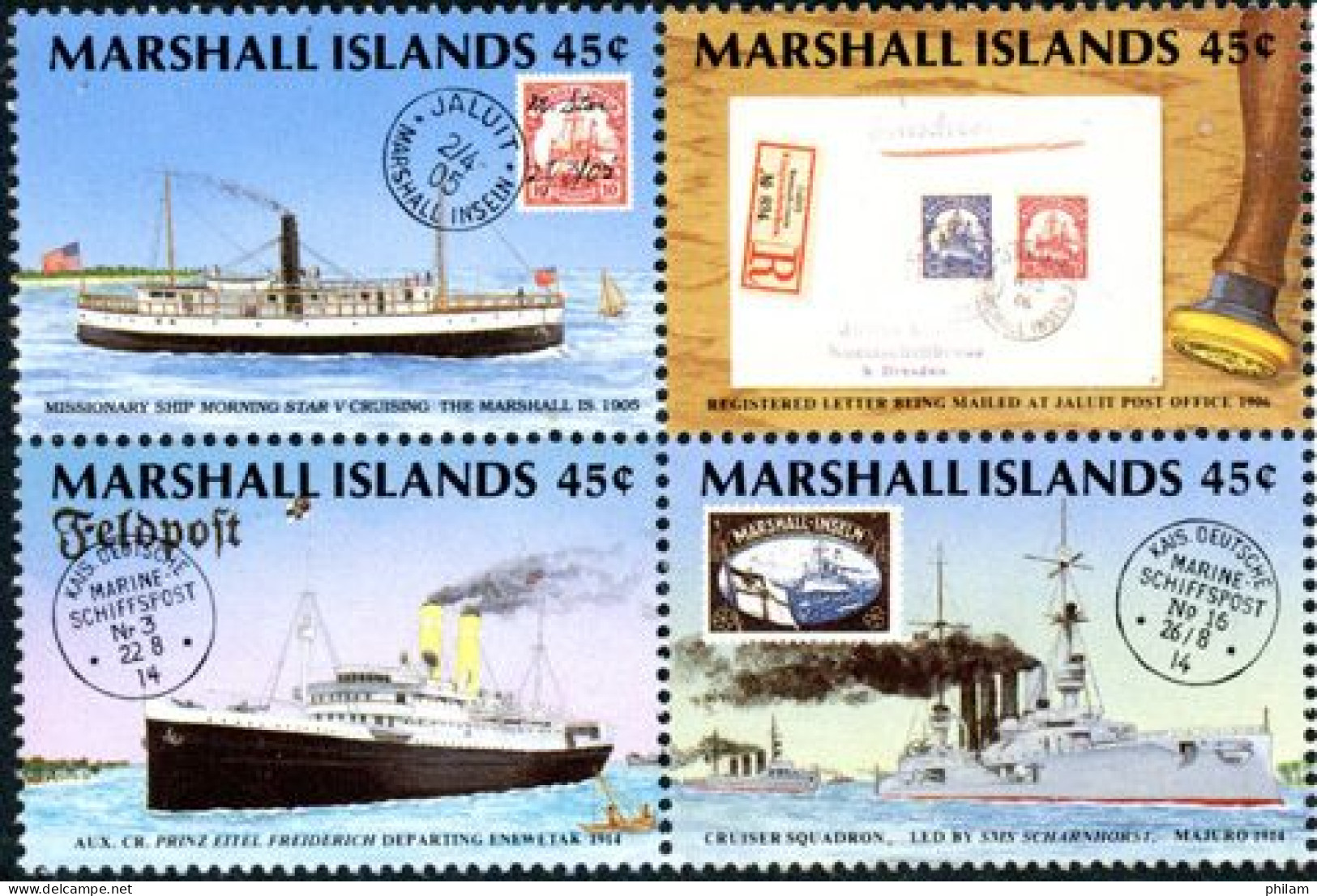 MARSHALL 1989 - Centenaire De La Poste - 4 V. - Navires Et T/T - Schiffe