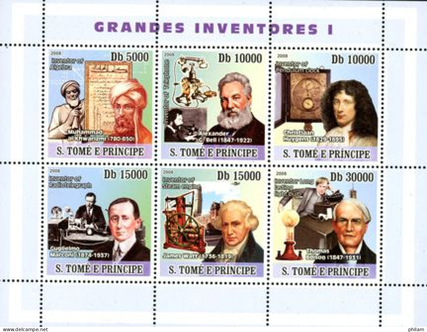 S.TOME E PRINCIPE 2008 - Grands Inventeurs - I - Feuillet (Bell/Watt) - Télécom