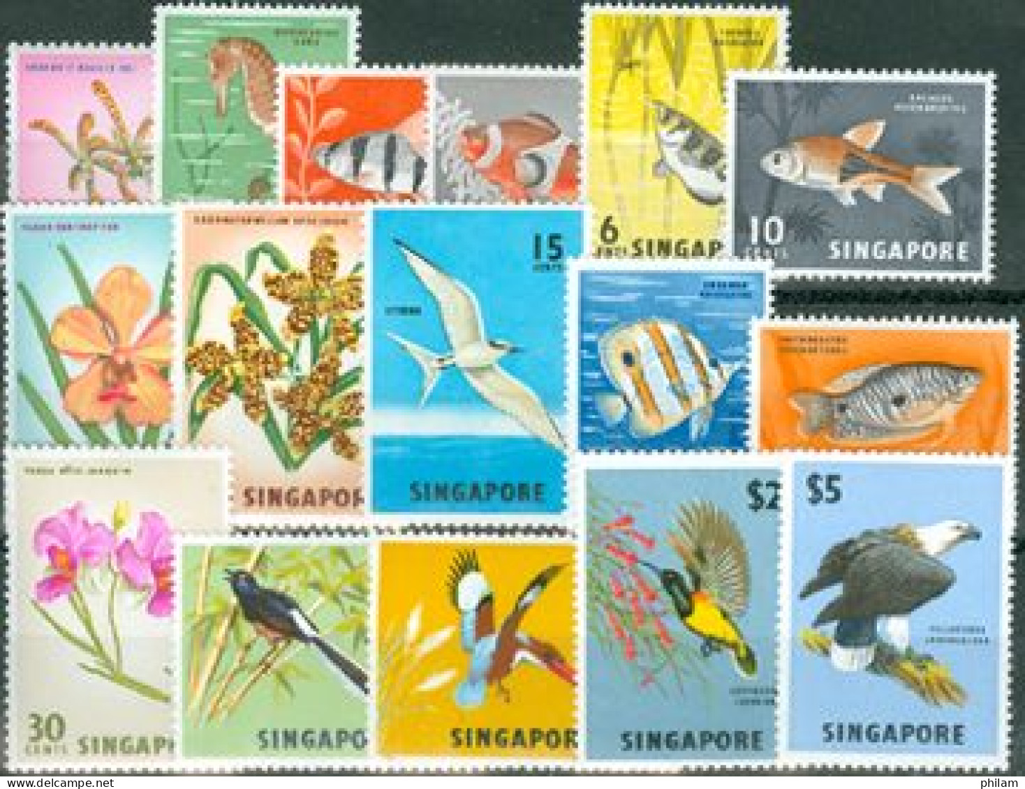 SINGAPORE 1962 - Série Courante - Poissons-Oiseaux-Orchidées 16 V. - Singapour (1959-...)