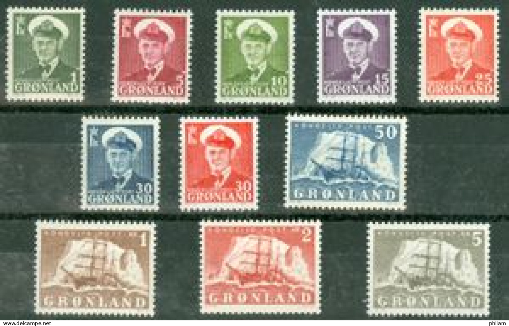 GROENLAND 1950 - Série Courante - Roi Frederic IX Et Navire 11 V. - Bateaux