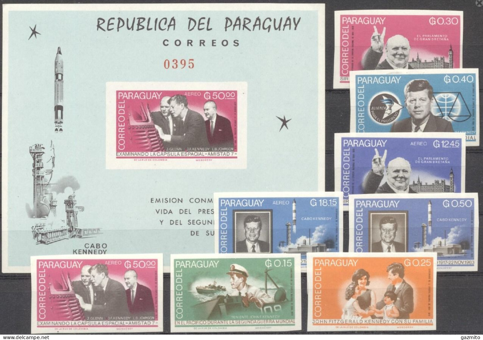 Paraguay 1965, Space Space, Kennedy, Churchill, 8val +BF IMPERFORATED - Kennedy (John F.)