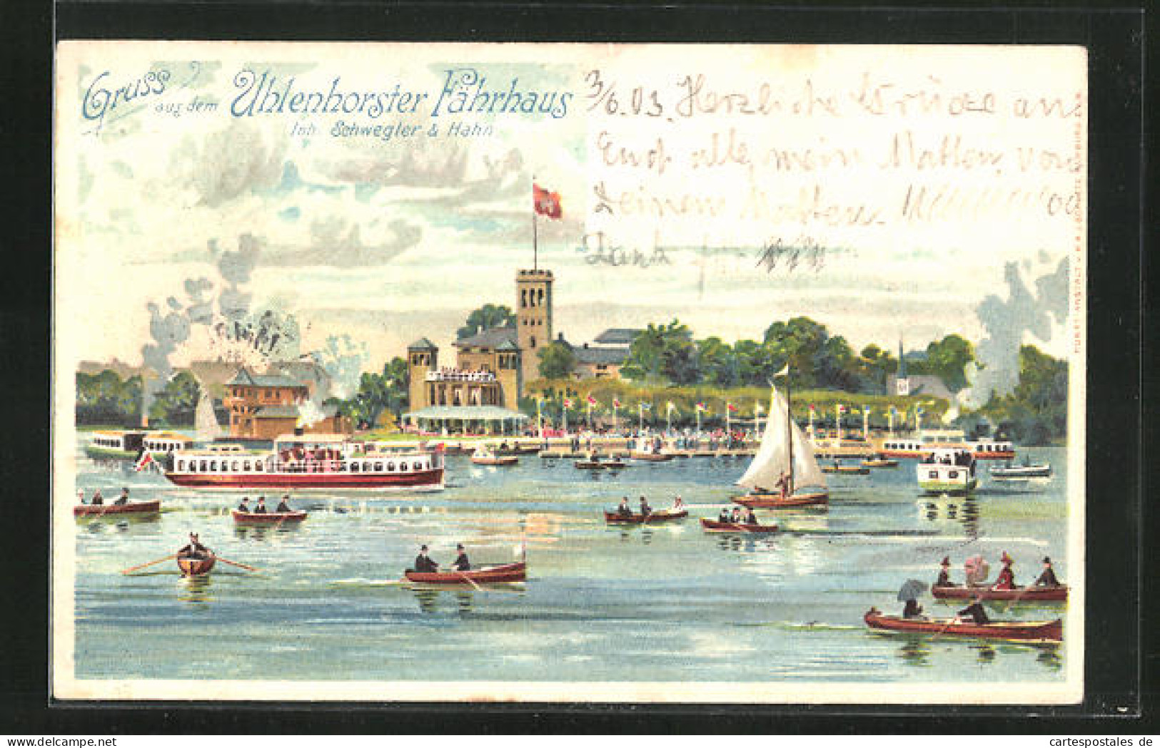 Lithographie Hamburg-Uhlenhorst, Gasthaus Uhlenhorster Fährhaus, Bootsverkehr  - Nord