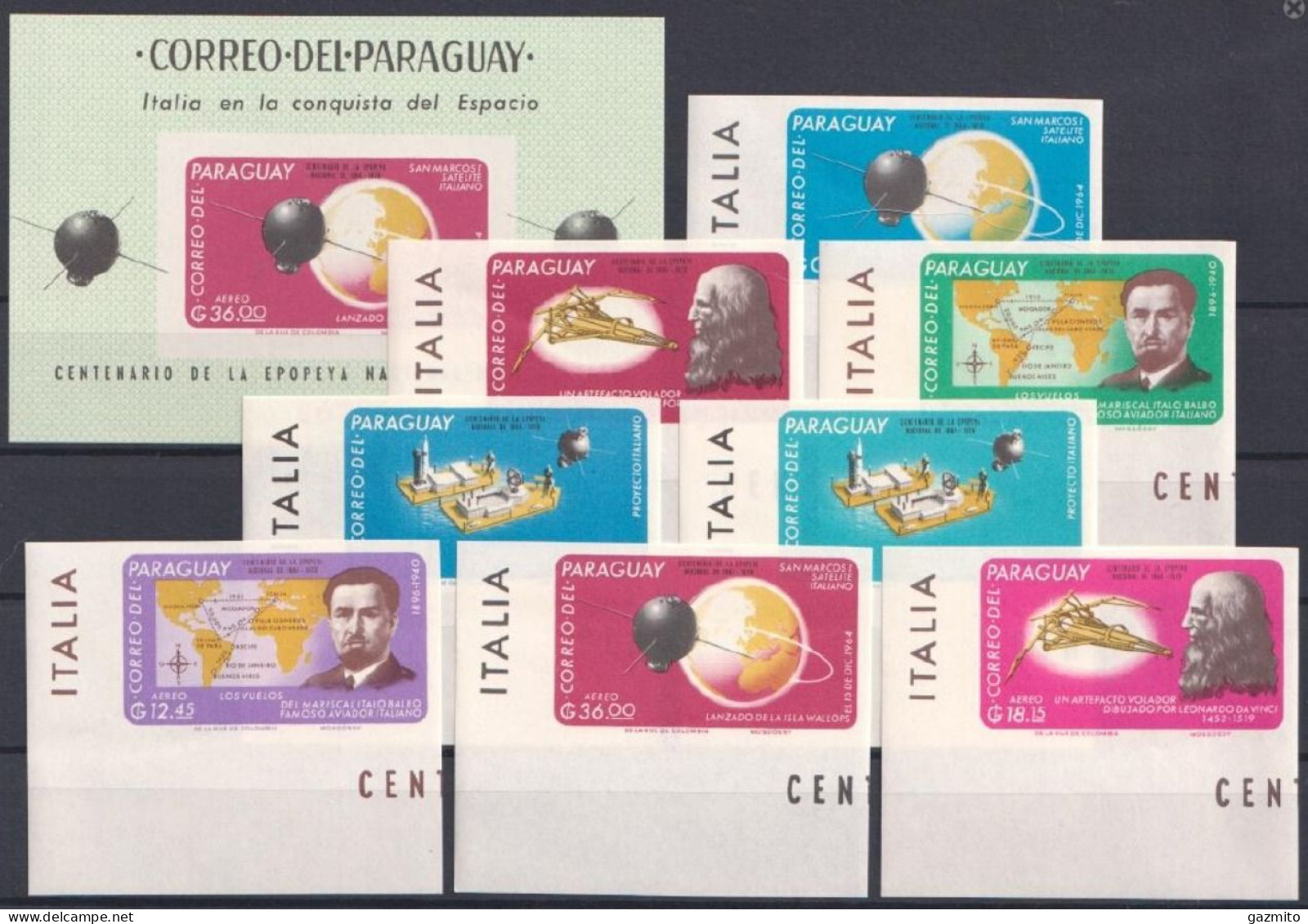 Paraguay 1966, Italy In Space, Leonardo, Balbo, Satellite, 8val +BF IMPERFORATED - Sonstige & Ohne Zuordnung