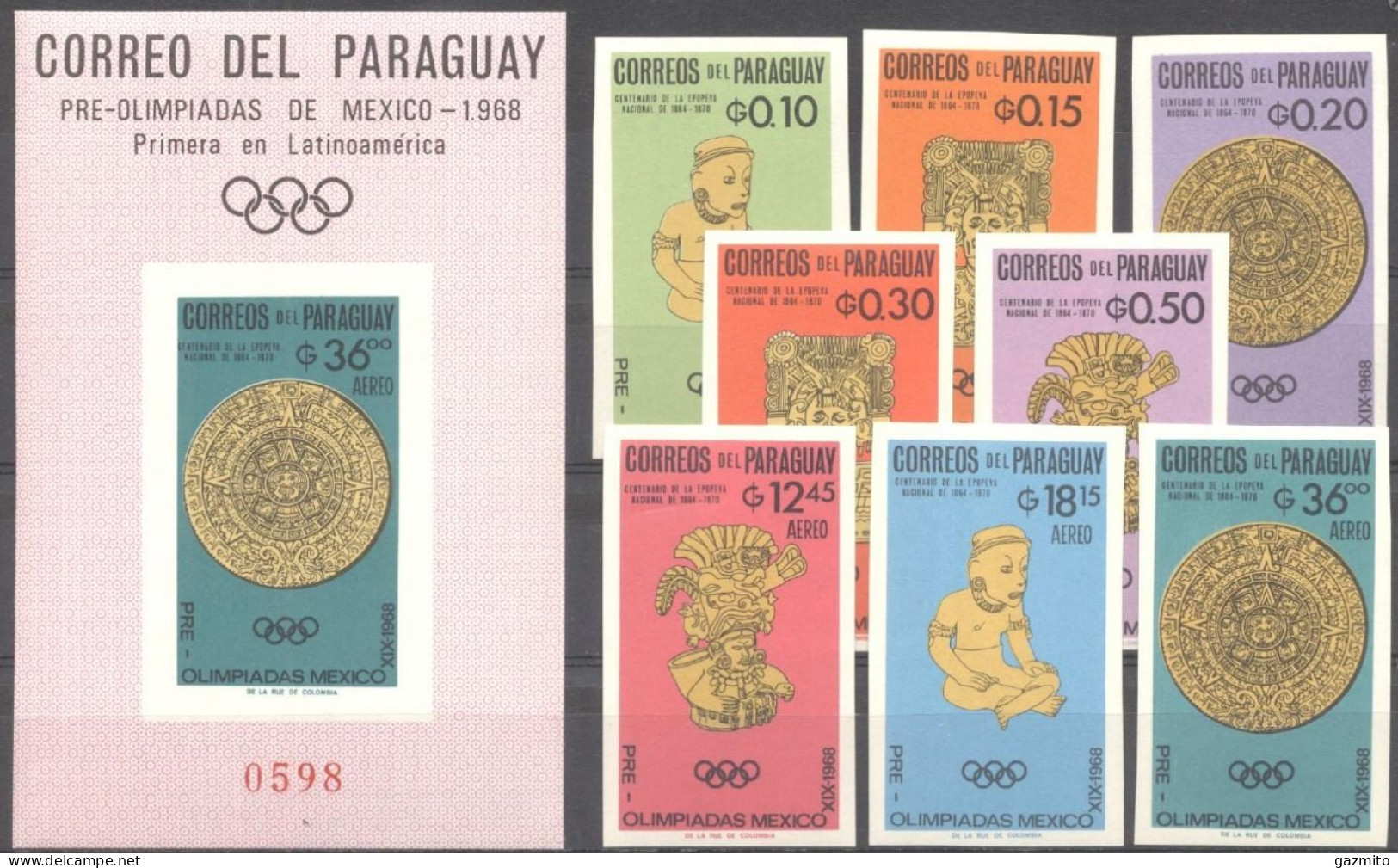 Paraguay 1966, Olympic Games, Mexico, 8val +BF IMPERFORATED - Archéologie