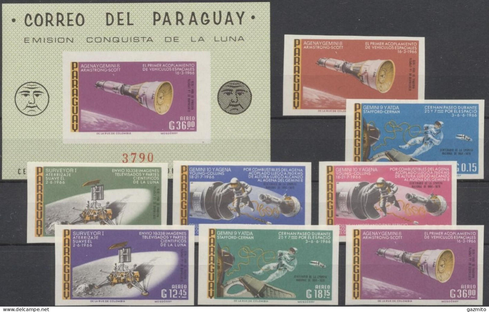 Paraguay 1966, Space, Moon Explorers, 8val +BF IMPERFORATED - Paraguay