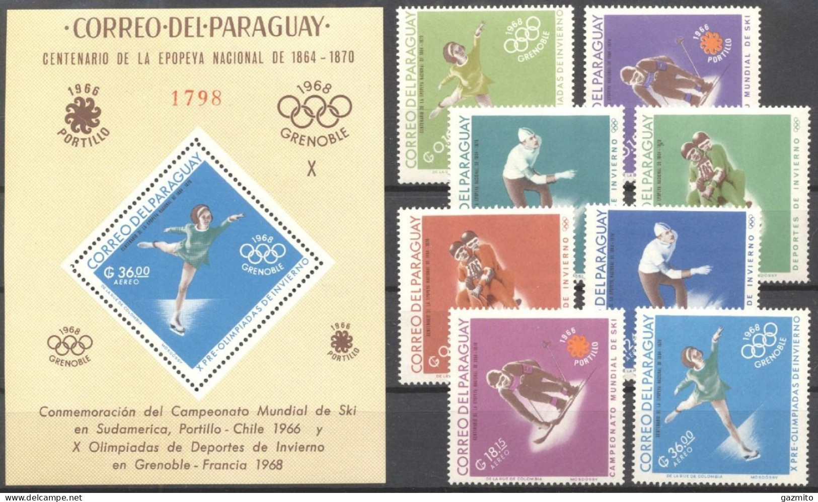 Paraguay 1966, World Ski Championships, Chile And Winter Olympic Games, Grenoble, 8val +BF - Paraguay