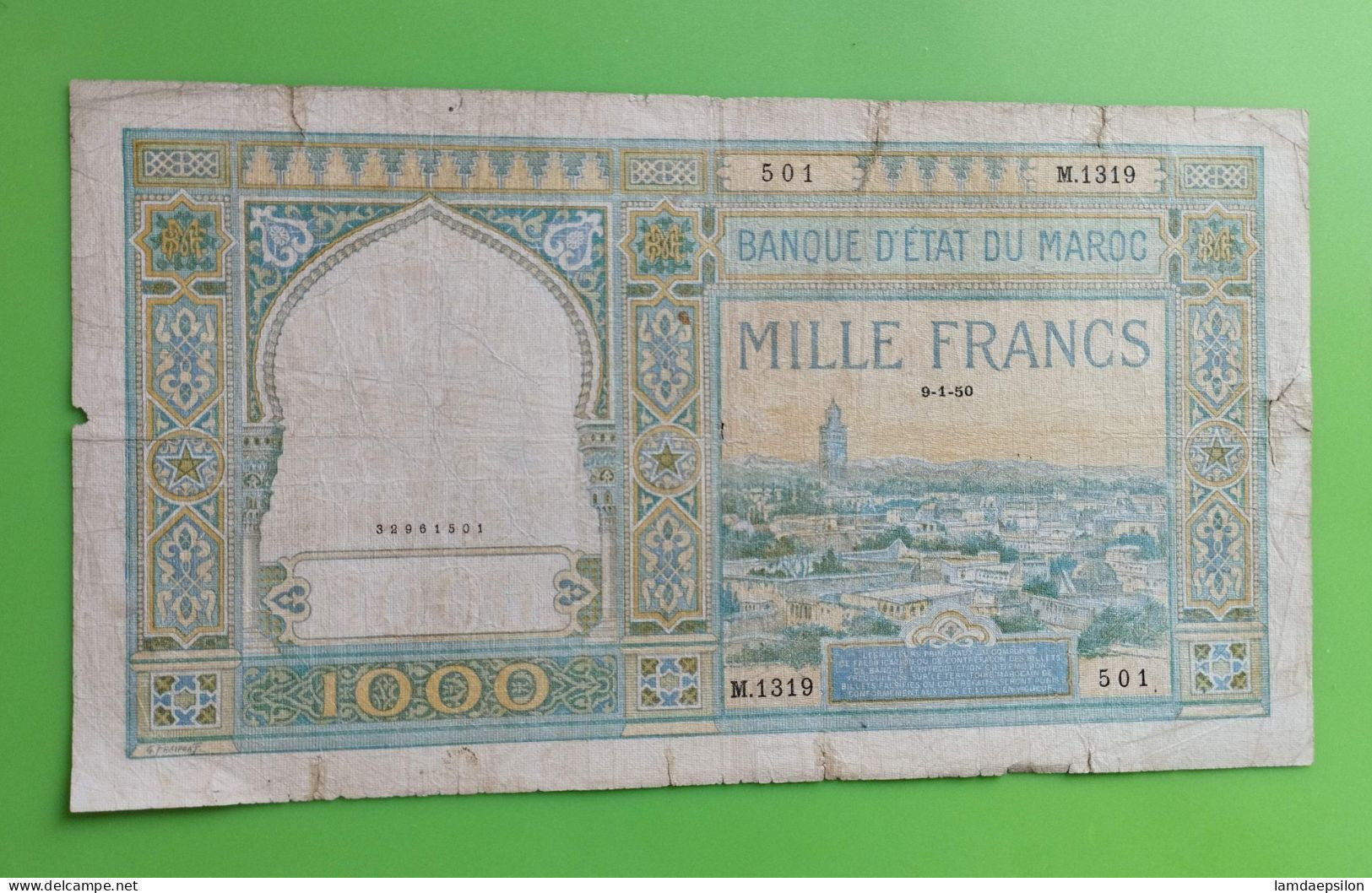 MAROC MOROCCO MARRUECOS MAROKKO BANQUE D'ETAT 1000 FRANC 1950 - Maroc