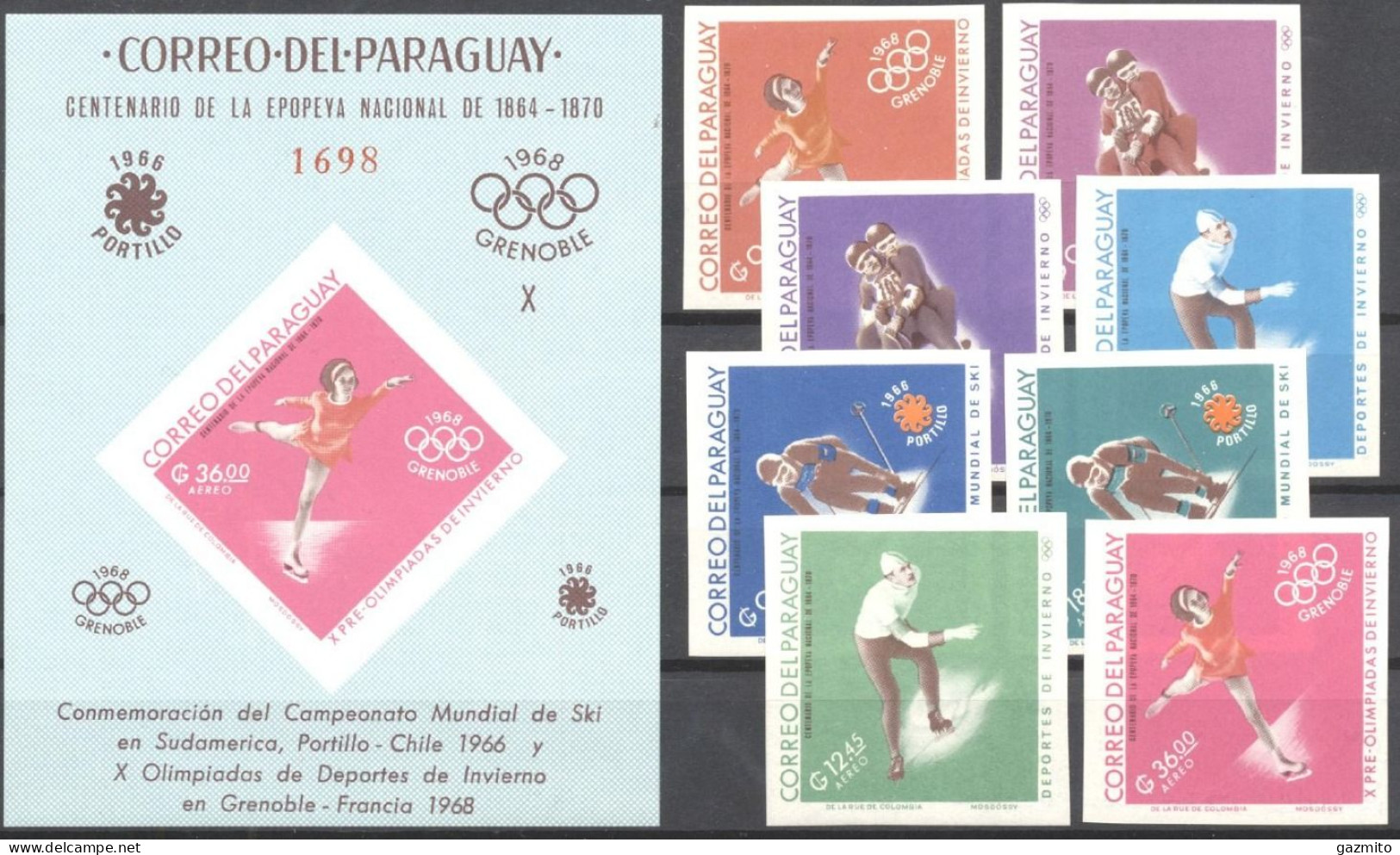 Paraguay 1966, World Ski Championships, Chile And Winter Olympic Games, Grenoble, 8val +BF IMPERFORATED - Invierno 1968: Grenoble