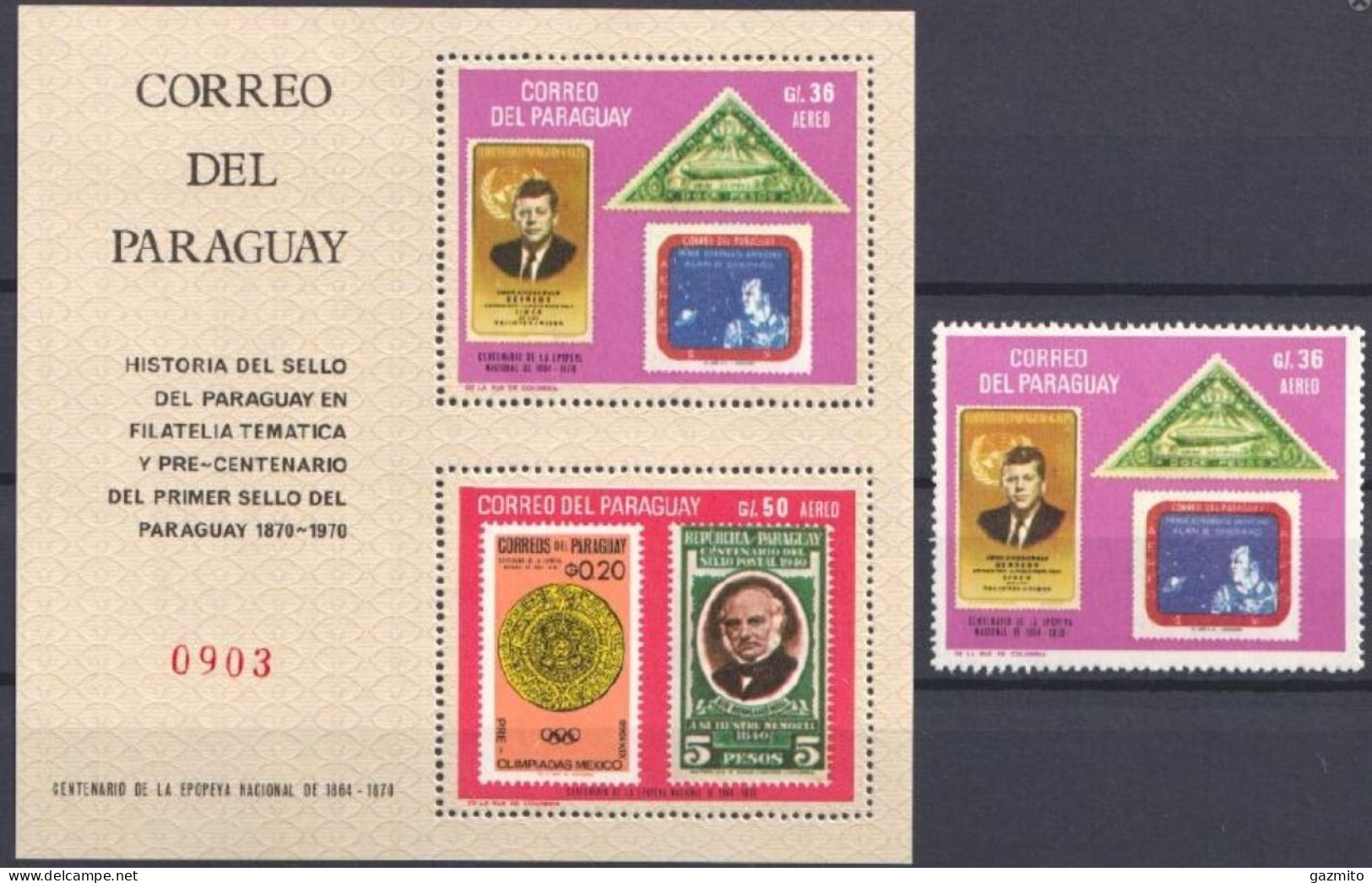 Paraguay 1968, 100th First Stamps Of Paraguay, Kennedy, Zeppelin, 1val+2BF - Zeppeline