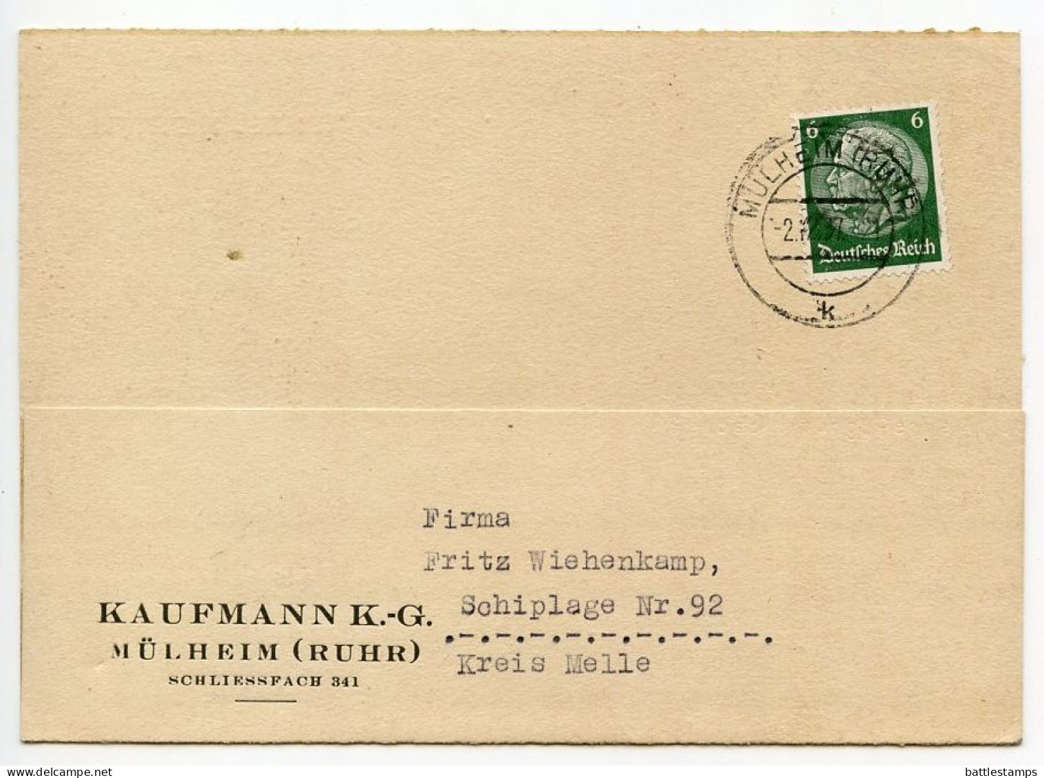 Germany 1937 Postcard; Mülheim (Ruhr) - Kaufmann K.-G. To Schiplage; 6pf. Hindenburg - Briefe U. Dokumente