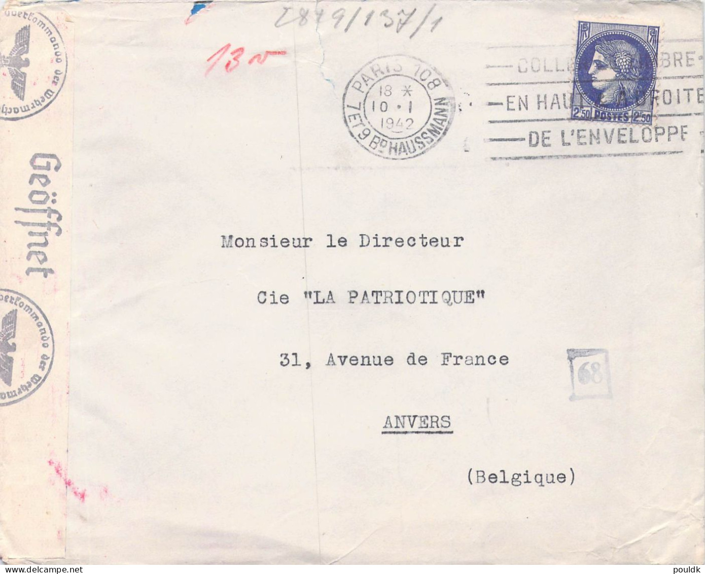 Censored Cover WW2: Posted Paris 108 10.1.1942 To Anvers, Belgium - Censored By Germans In Köln (Label + Cachet). Postal - Militaria