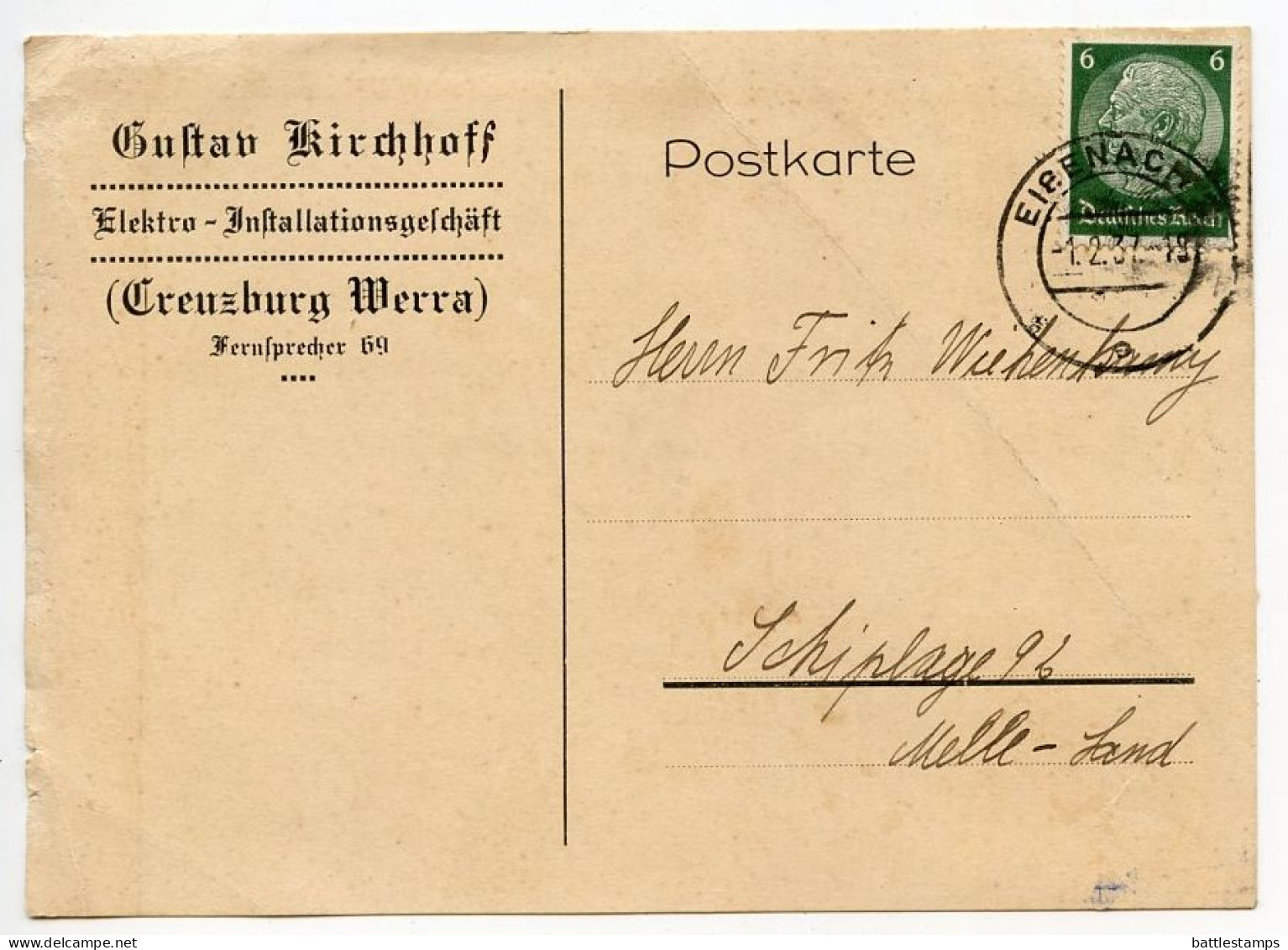 Germany 1937 Postcard; Eisenach - Gustav Kirchhoff, Elektro-Installationsgeschäft To Schiplage; 6pf. Hindenburg - Lettres & Documents