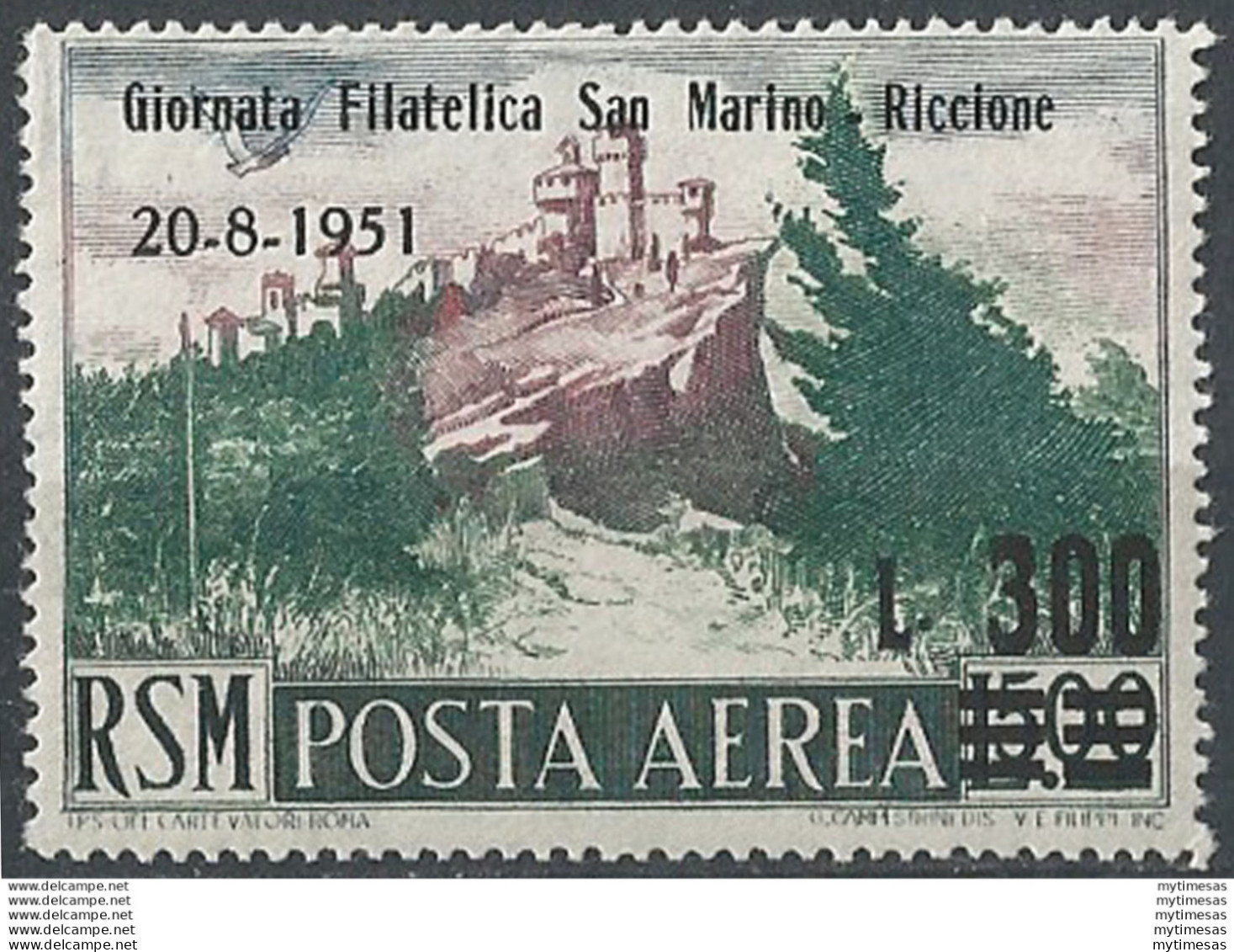 San Marino 1951 3° Giornata Filatelica RSM-Riccione 1v. MNH Sass. N. A98 - Autres & Non Classés