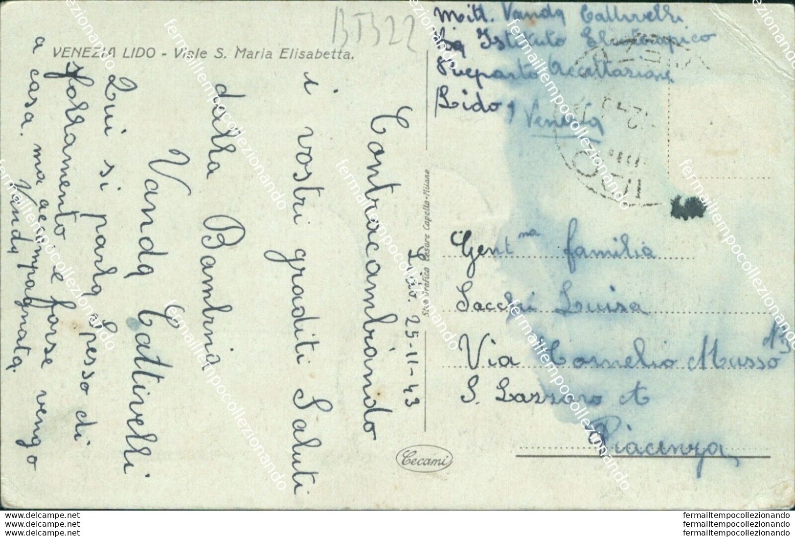 Bt322 Cartolina Venezia Lido Viale S.maria Elisabetta Tram 1943 Veneto - Venezia